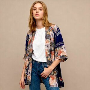 NWOT Johnny Was Blue Floral Pockets KIMONO Coat Sz S